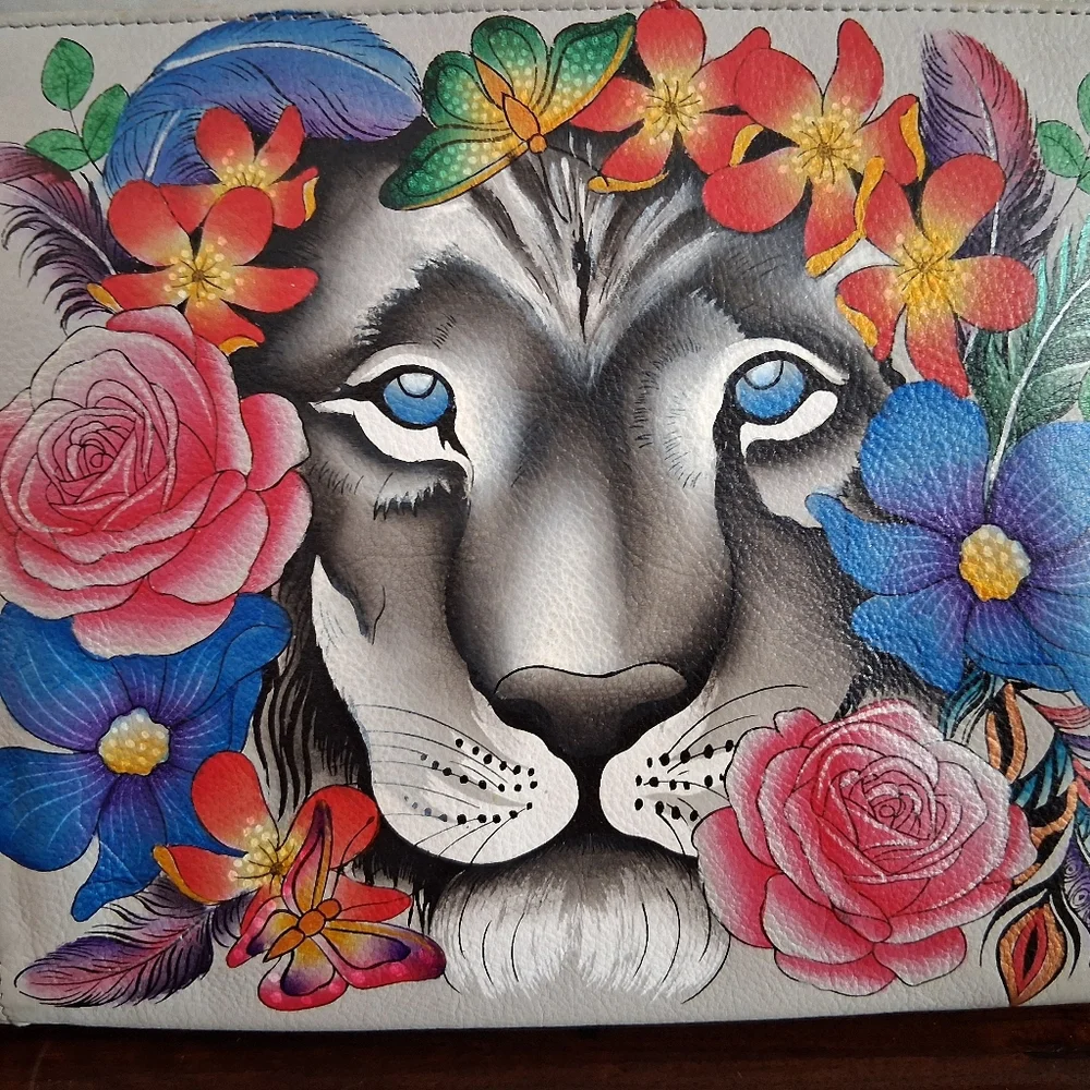 Anuschka Hand-painted Grey Leather Shoulder Bag Lion Flowers - Picture 7 of 17